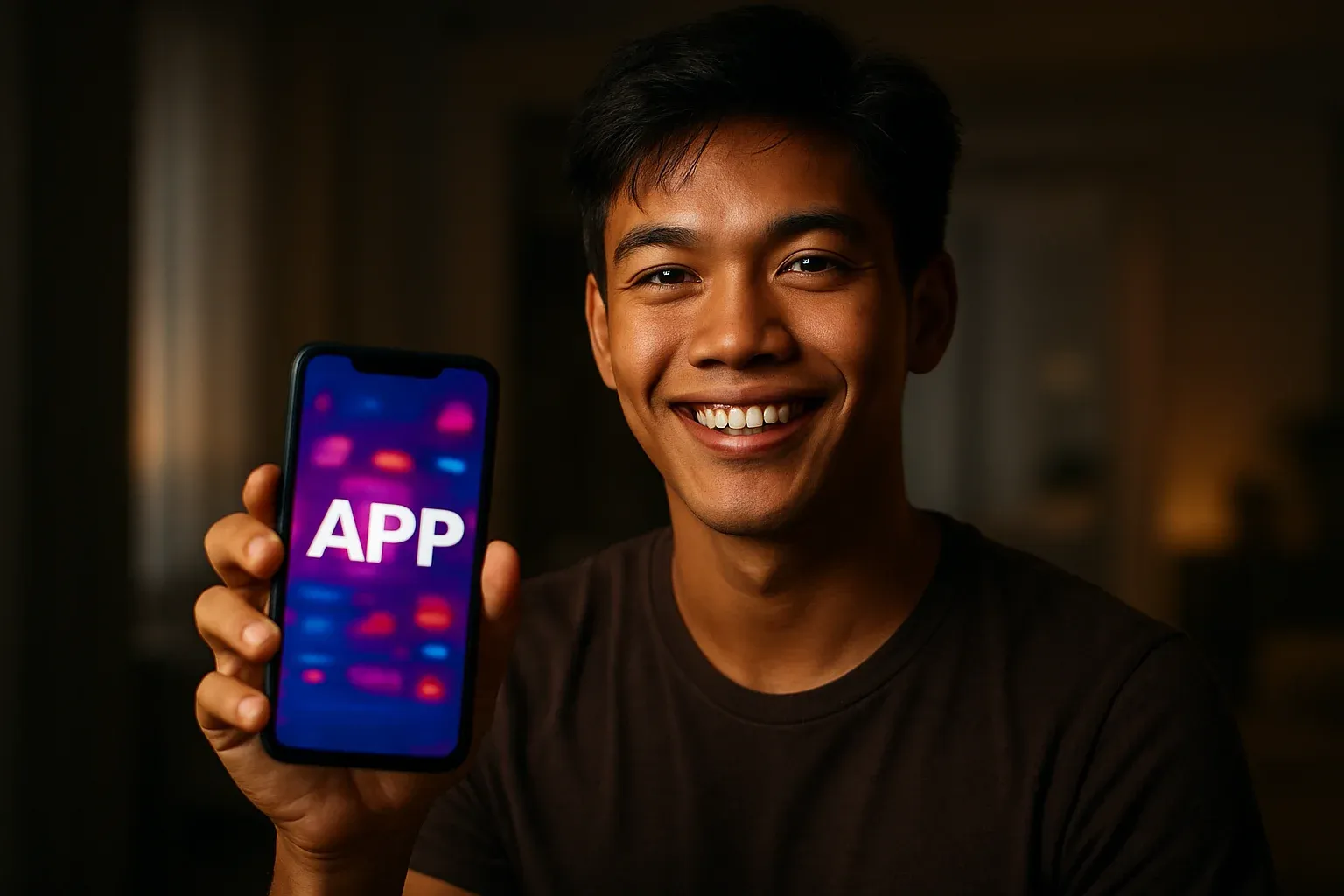 Smiling young Filipino man holding smartphone with colorful app screen facing camera