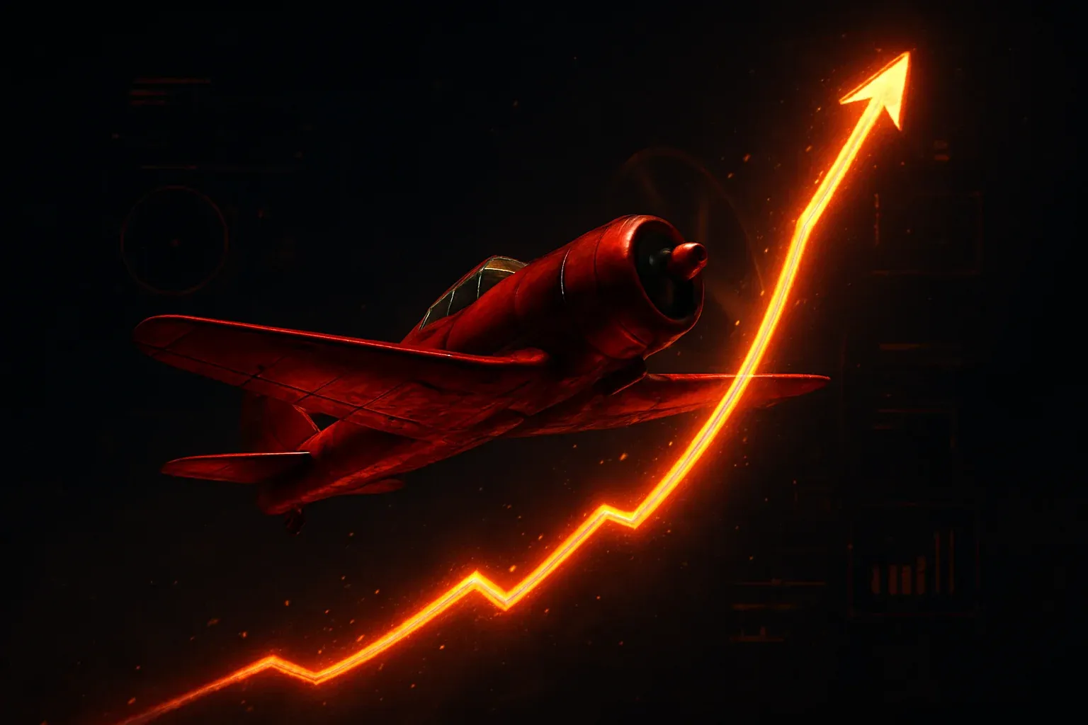 Red aviator plane soaring upward with glowing multiplier trail at night