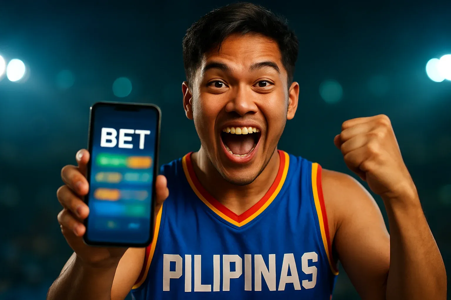 Excited Filipino man holding phone with sports betting screen saying BET