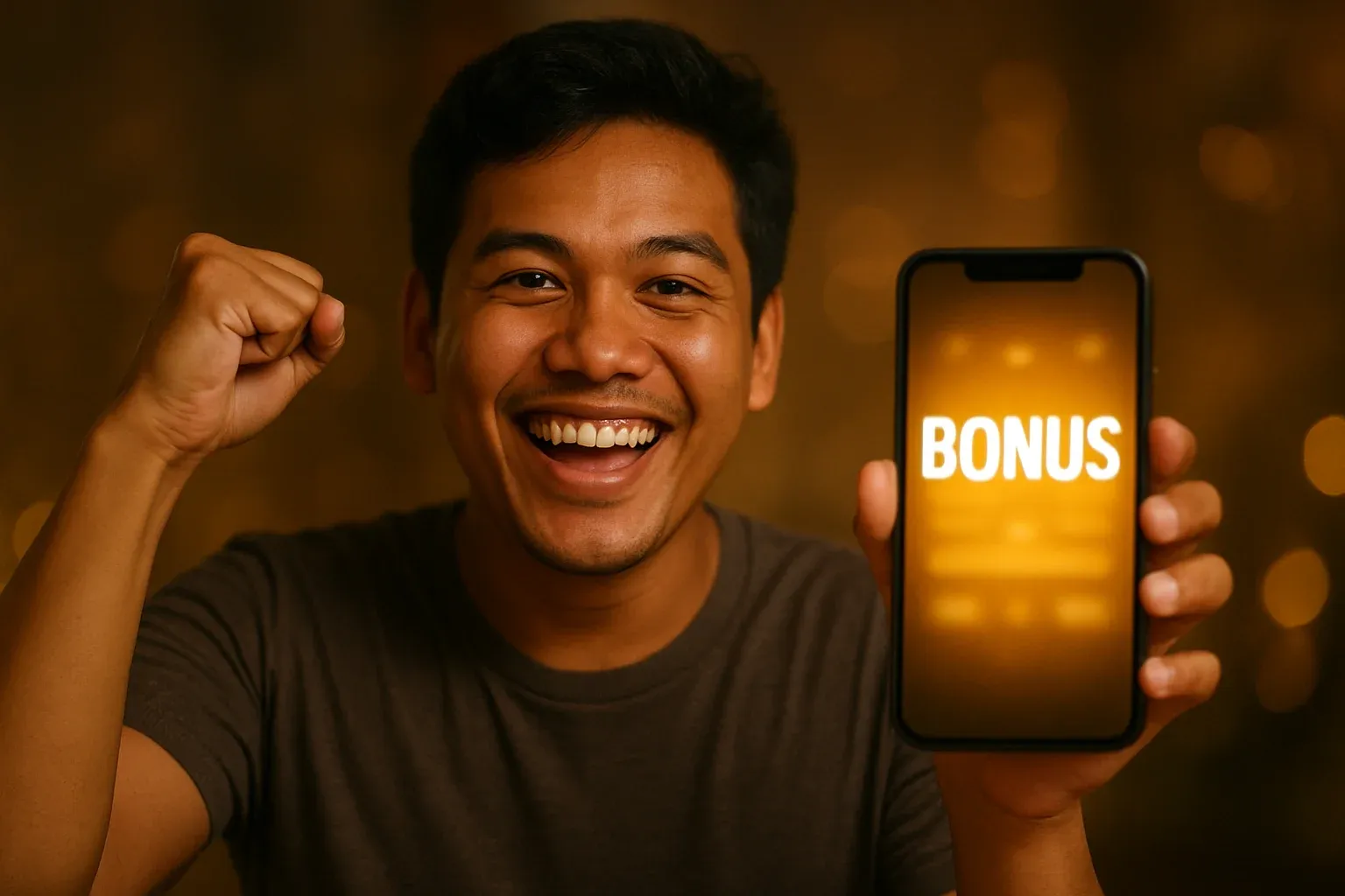 Joyful young Philippines man holding smartphone showing BONUS reward interface