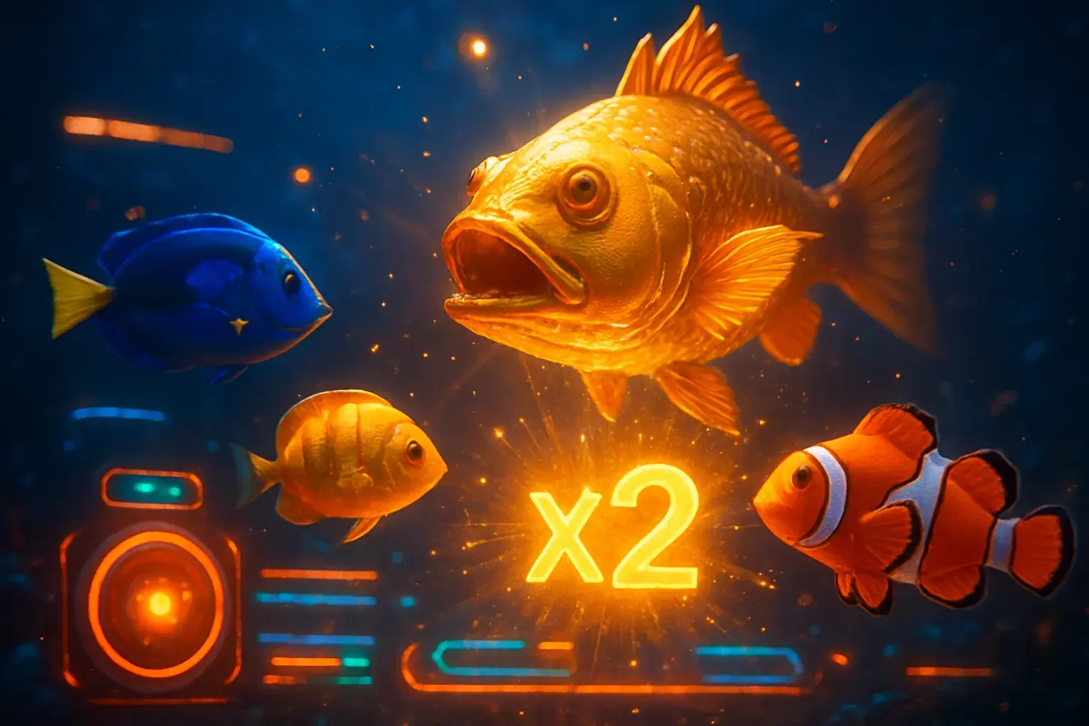Glowing tropical fish and golden boss fish in deep blue arcade ocean