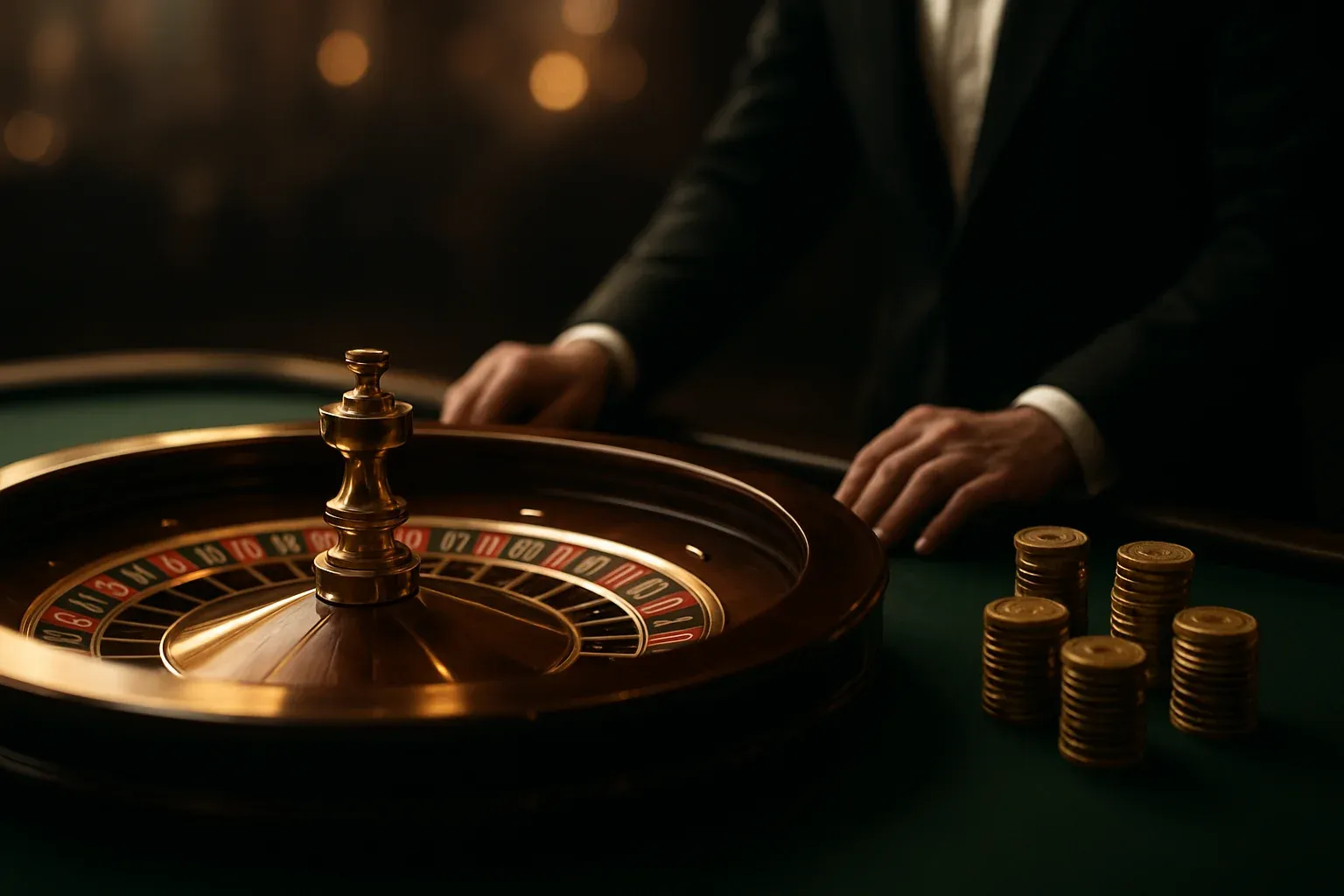 Elegant live casino roulette table with dealer hands and golden chips