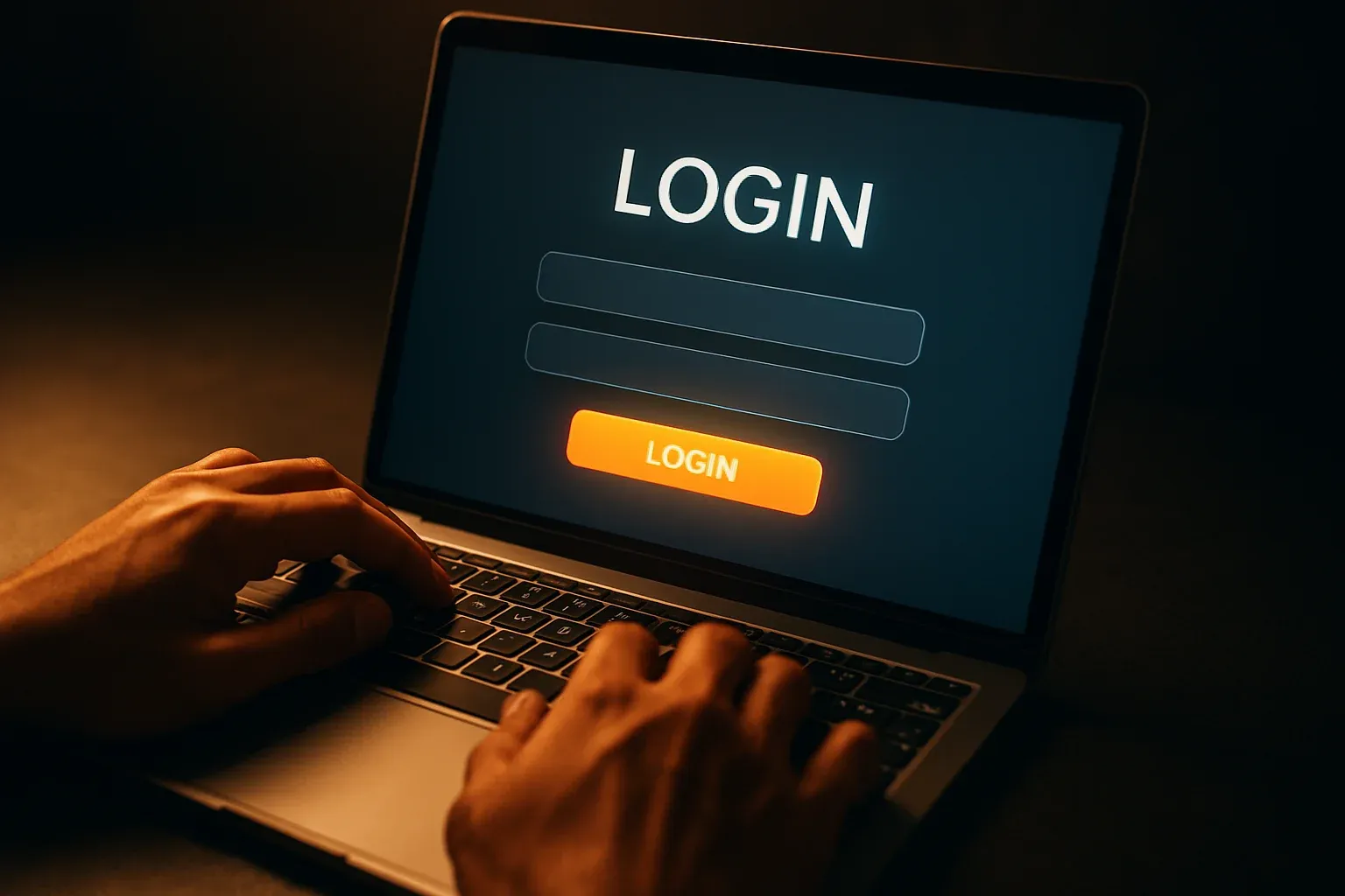 Young Filipino man using laptop with visible login screen and glowing button
