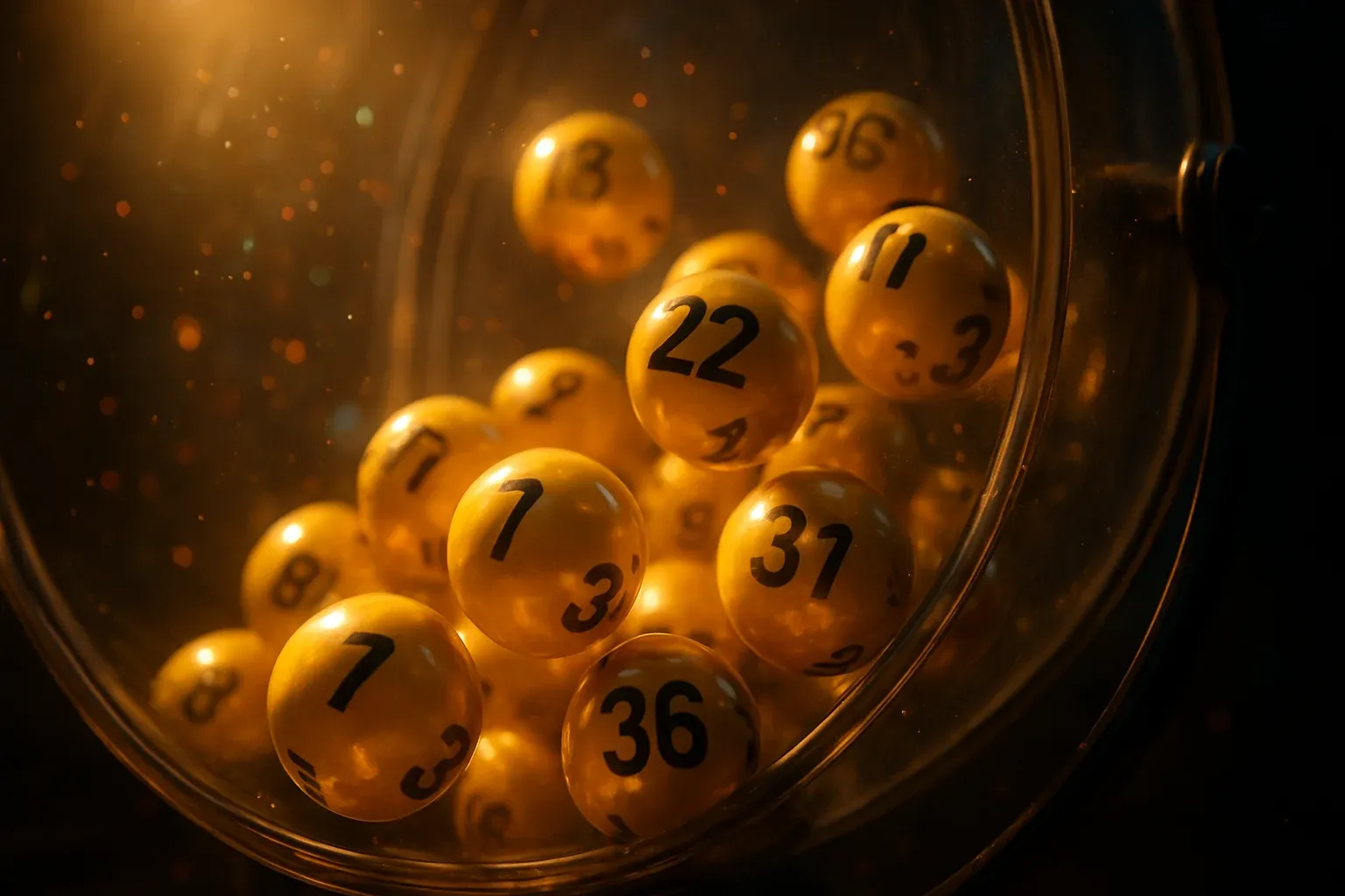 Glowing golden lottery balls tumbling inside transparent draw machine