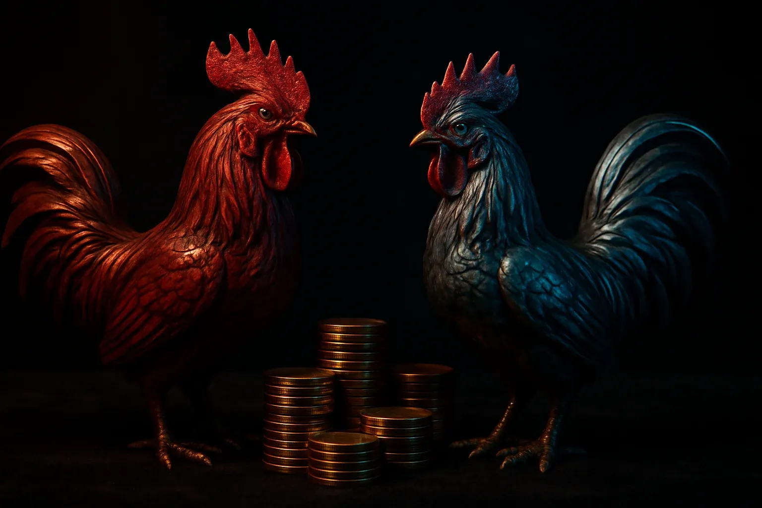 Decorative fighting-rooster statuettes with casino chips on dark velvet surface