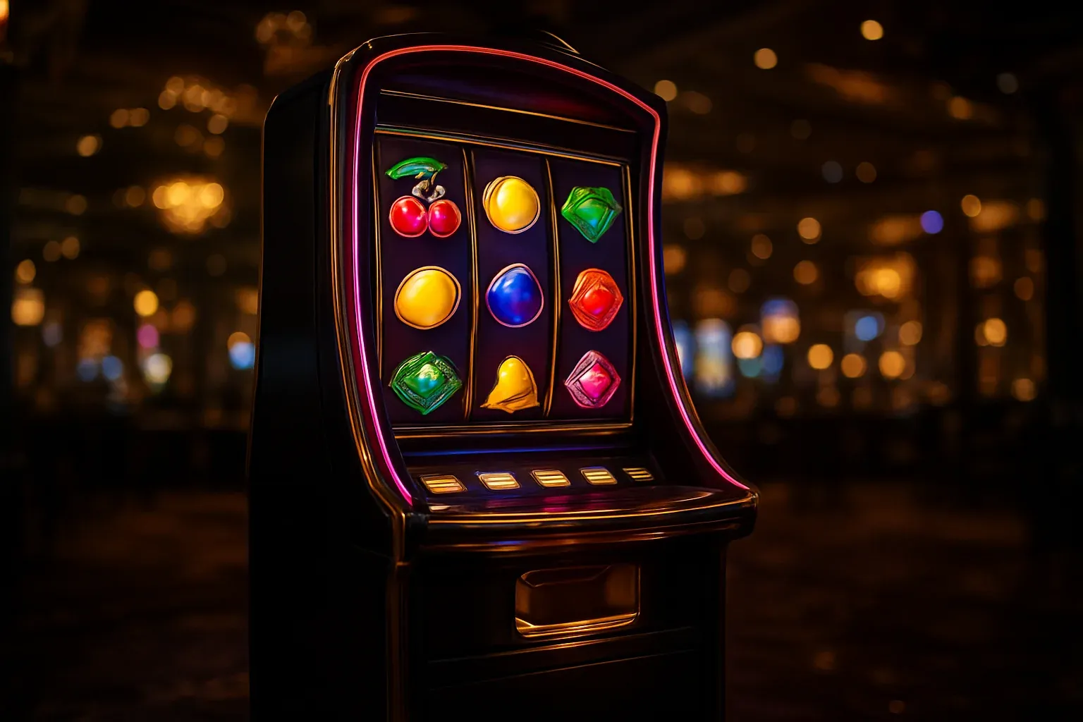 Complete premium slot machine on dark luxury casino floor with three reels